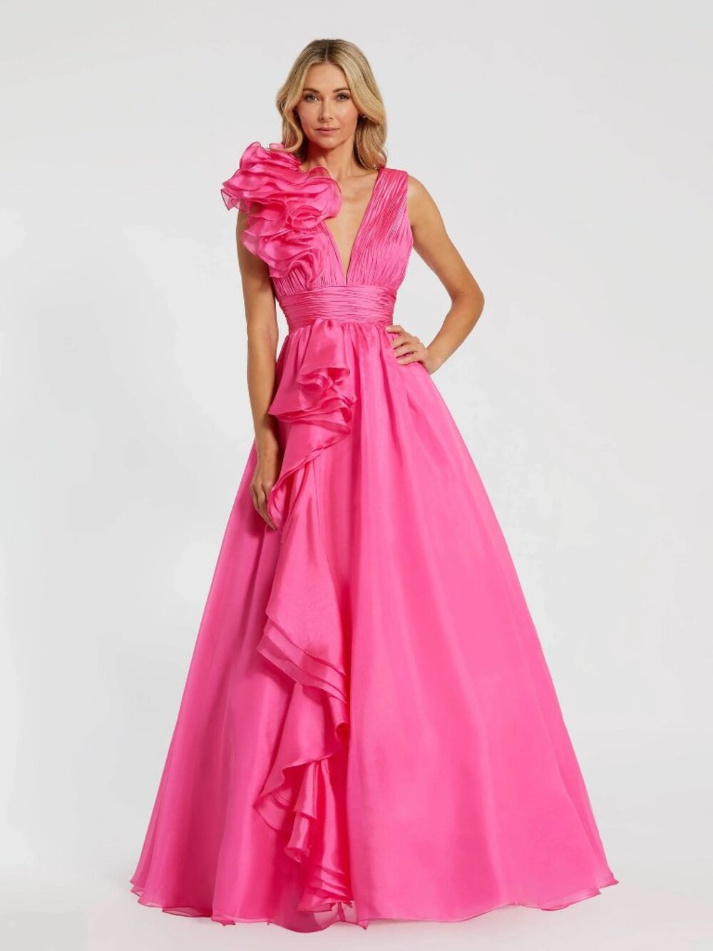 Mac Duggal Pink Ruffle Shoulder V-Neck Chiffon Gown